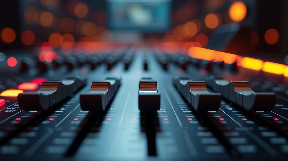 Close-up view of mixing console faders and knobs