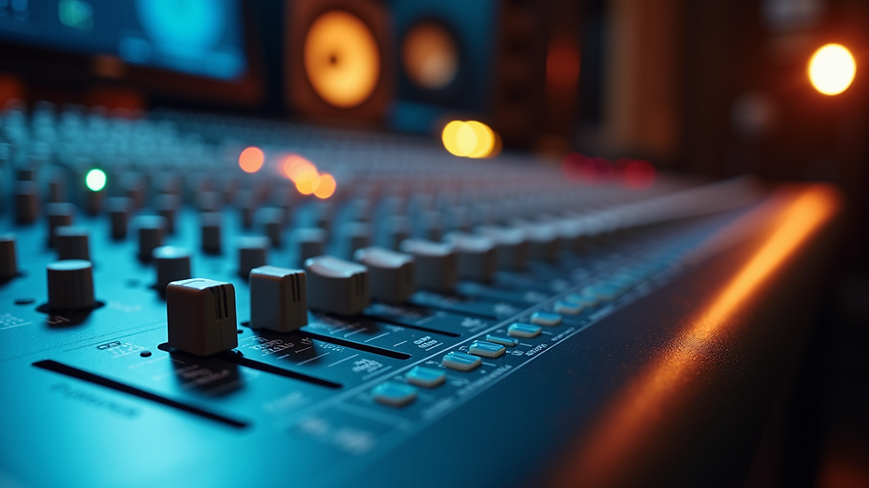 Eye-level view of a professional recording studio control room with mixing console and monitors