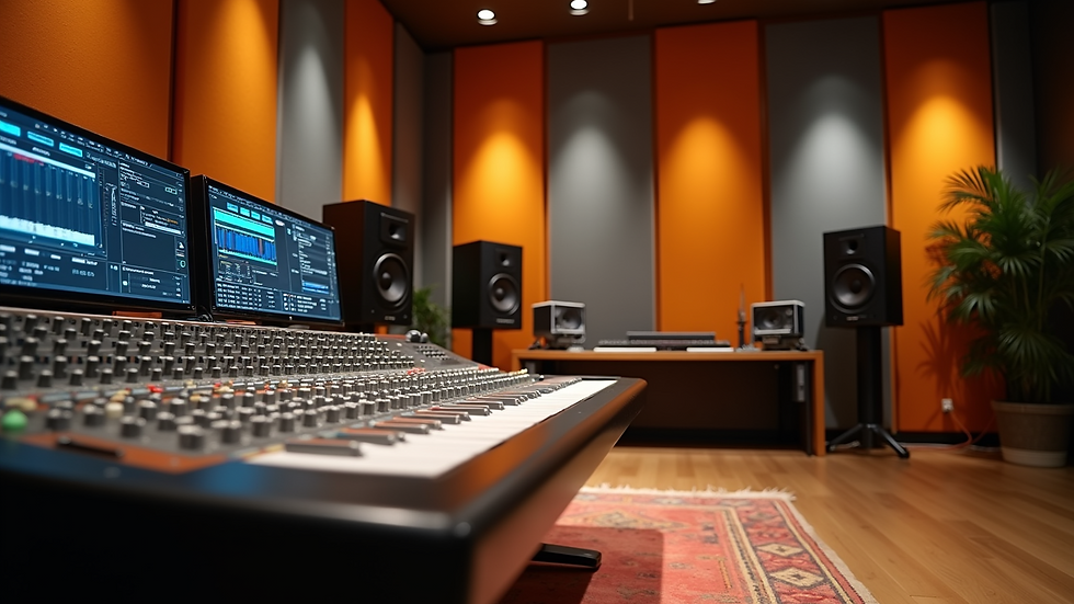 Eye-level view of a modern recording studio with mixing console and soundproof walls