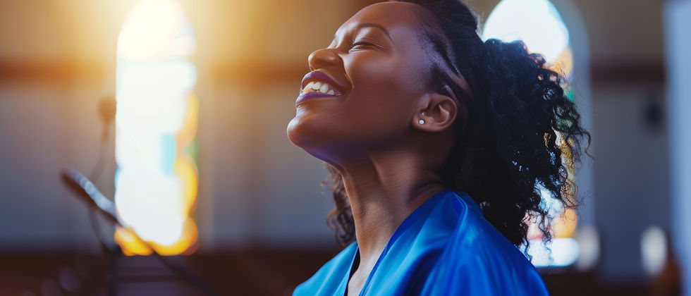 Smiling woman in a church, bathed in sunlight from stained glass windows, reflecting a moment of joy and spiritual connection.