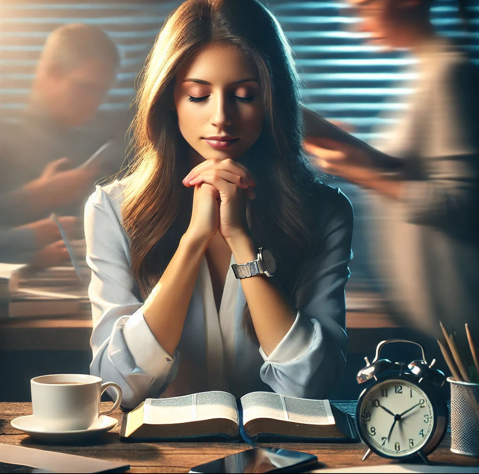Focused woman sitting at a desk, praying with a Bible and a cup of coffee, while blurred distractions like papers and a phone surround her.