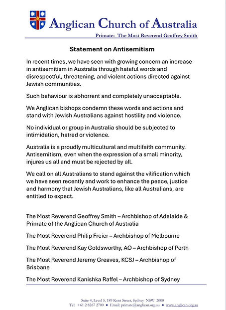 Typed Statement on Antisemitism from the Anglican Church of Australia