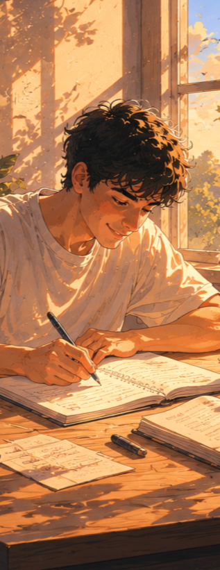 Ilustração de um jovem sorridente a estudar focado junto a uma janela iluminada pelo sol. Conheça o tratamento com psicóloga especialista em desintoxicação digital e uso saudável de telas, adoção de hábitos saudáveis e conquista de objetivos pessoais.