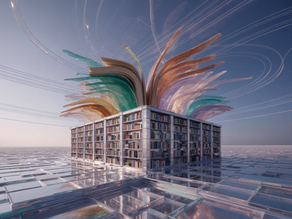 Una biblioteca surreale sorge in un deserto di vetro infinito, dai suoi libri aperti si sprigionano onde luminose multicolori che si innalzano verso il cielo come armoniche del tempo, simbolo delle derivate nascoste della funzione z(t) della CMDE.