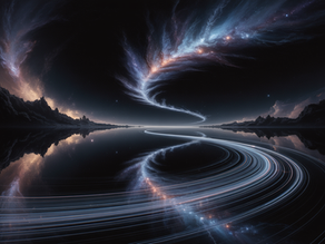 Visione cosmica di un fiume di luce che scorre attraverso l’universo, riflettendosi su una superficie perfettamente calma, mentre un vortice di nebulose e stelle si piega all’orizzonte, evocando il momento silenzioso in cui il tempo inizia a percepire sé stesso.