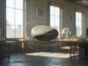 Pietra sospesa in un laboratorio circondata da sottili filamenti luminosi che rappresentano il suo pattern informazionale, simbolo della continuità e dell’identità che si mantiene nel cambiamento secondo la Fisica Informazionale.