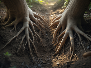 Radici di due alberi che crescono l’una verso l’altra nel terreno, simbolo naturale della relazione come nucleo dell’esistenza informazionale: connessione, interazione e scambio che generano significato.