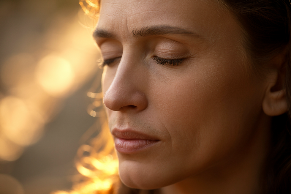 Ritratto realistico di una donna con gli occhi chiusi illuminata dalla luce calda del tramonto, immagine simbolica del “respiro interno” della coscienza e della percezione del proprio spazio interiore.