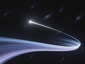 Illustrazione concettuale di un fotone che viaggia in un universo statico, dove lo spazio non si espande ma il tempo si struttura. Il percorso luminoso segue una curva metrica informazionale, mentre le galassie sullo sfondo restano ferme, a simboleggiare l’assenza di coordinate comoventi nella teoria CMDE 4.1.