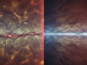 Visualizzazione cosmologica realistica che mostra la transizione del tempo nella CMDE 4.1: a sinistra le strutture iperprimordiali dell’universo, dense e compresse; a destra le epoche mature con trame più ampie e ordinate; al centro la soglia in cui il tempo passa naturalmente alla scala logaritmica.