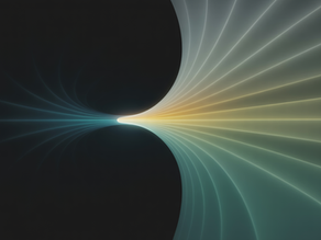 Rappresentazione astratta di una curva luminosa che si trasforma nel tempo: da un nucleo scuro centrale emergono linee di luce che si espandono verso destra, passando da toni freddi a calde sfumature gialle e verdi, evocando la continuità informazionale tra fasi temporali diverse.