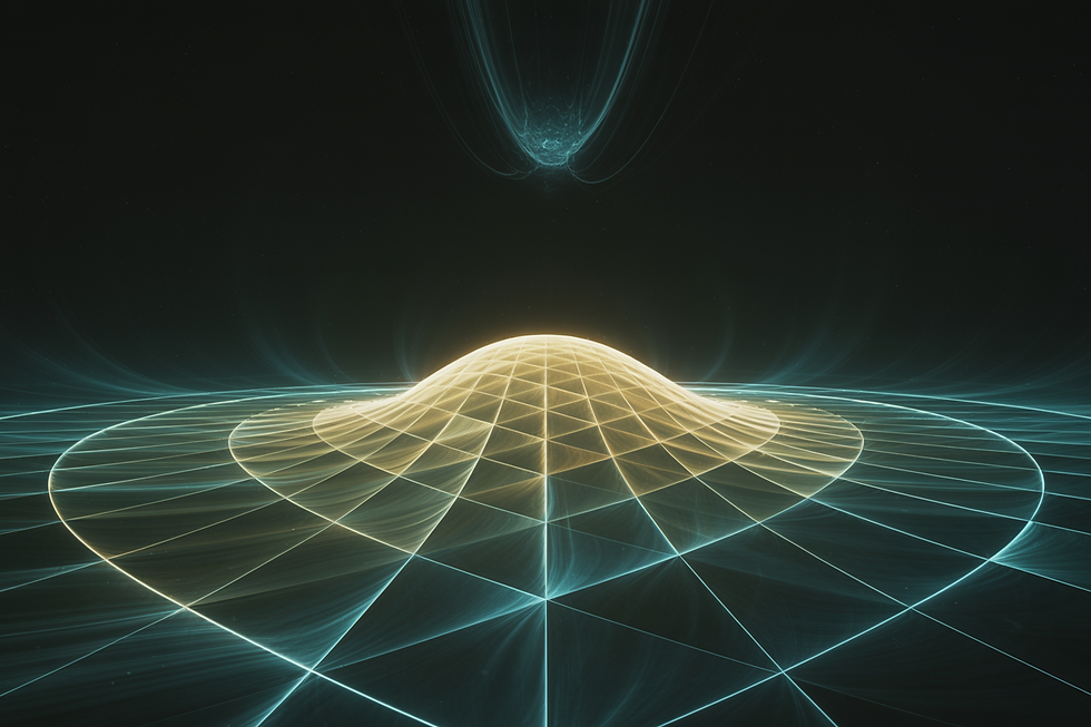 Astratta rappresentazione della fase iperprimordiale secondo la CMDE 4.1: una griglia luminosa curva emerge da un nucleo centrale in uno sfondo nero, evocando l’origine informazionale dell’universo prima della nascita dello spazio e del tempo.