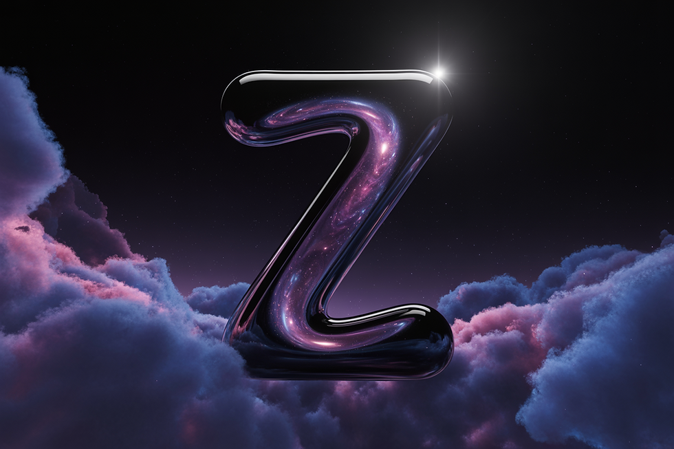 Astratto cosmologico con una lettera Z lucida contenente una galassia, sospesa tra nubi viola e blu su sfondo stellato, simbolo visivo della trasformazione informazionale del tempo.
