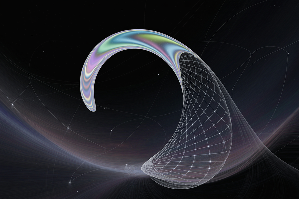 Rappresentazione simbolica della trasformazione informazionale della luce nel tempo, con un’onda luminosa che si curva all’interno di una griglia spazio-temporale, evocando l’evoluzione percettiva del redshift senza materia oscura.