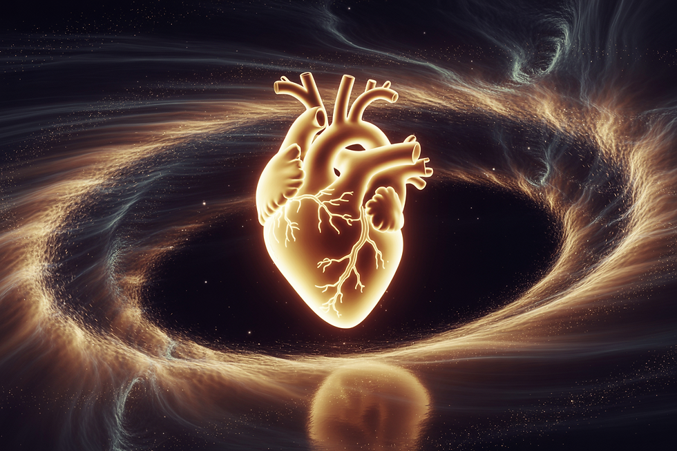 Illustrazione digitale di un cuore dorato e luminoso sospeso nello spazio cosmico, circondato da onde di energia e polveri stellari che formano un flusso armonico, simbolo del primo battito del tempo che custodisce sé stesso.