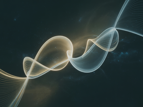 Illustrazione astratta dell'essere come variazione metrica del tempo: flussi luminosi intrecciati in uno spazio cosmico buio, rappresentano traiettorie informazionali coerenti, simbolo della visione CMDE.