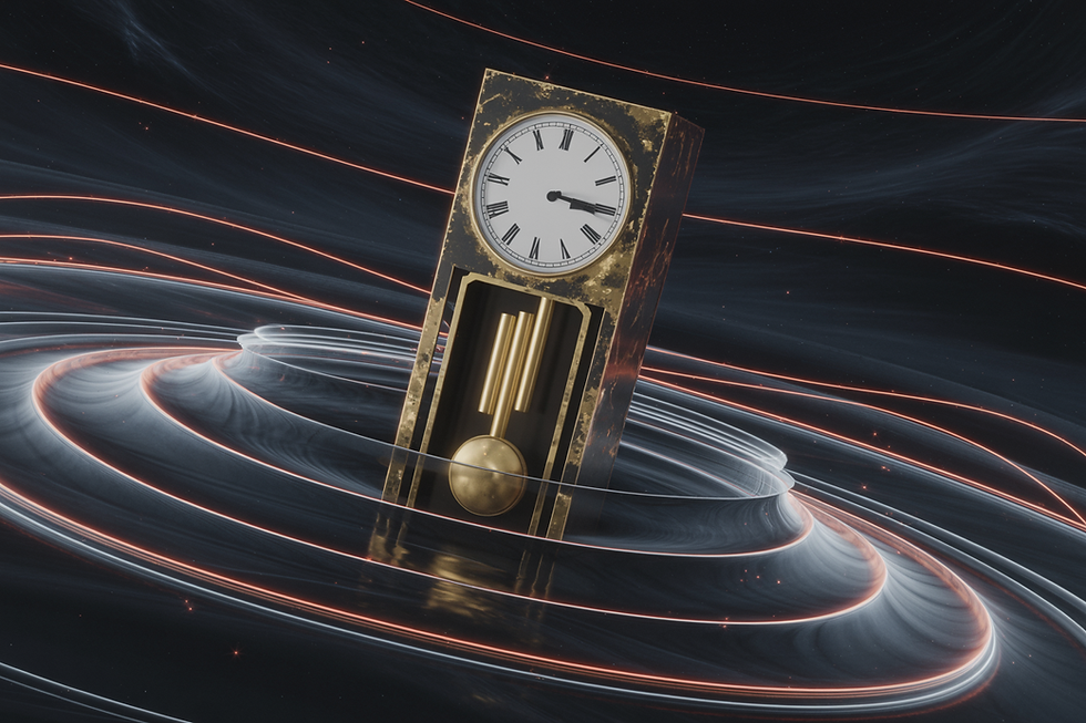 Orologio antico sospeso nello spazio curvo, circondato da onde luminose informazionali in lieve redshift; simbolo dell’assenza di un presente neutro nella metrica CMDE.