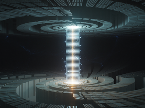Rappresentazione astratta e simbolica del tempo come struttura selettiva secondo la CMDE: una spirale di luce attraversa strati metrici scartando percorsi frammentati, mentre una sola traiettoria coerente prosegue verso l’alto, evocando la funzione z(t) come unica trasformazione stabile nel tempo.