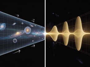 Illustrazione a confronto: a sinistra l’universo che si espande nello spazio, a destra una curva dorata che rappresenta la trasformazione ritmica del tempo.