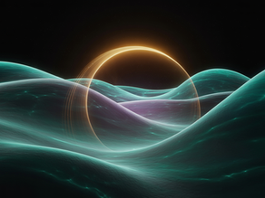 Trasparenze ondulate di luce informazionale scorrono in un campo oscuro senza coordinate, attraversate da un arco luminoso centrale che evoca la trasformazione del tempo nella CMDE 4.1. Non spazio, ma metamorfosi visibile del tempo stesso.
