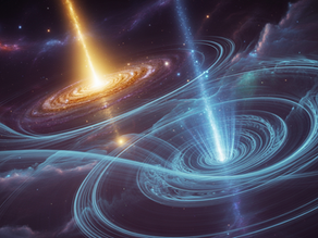 Visione artistica di due eventi cosmici lontani sincronizzati: una galassia dorata con getto luminoso e un ammasso blu di quasar, uniti da onde di luce eteree che attraversano lo spazio profondo.