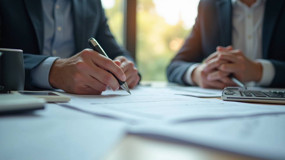 Eye-level view of a tax consultant explaining documents to a client