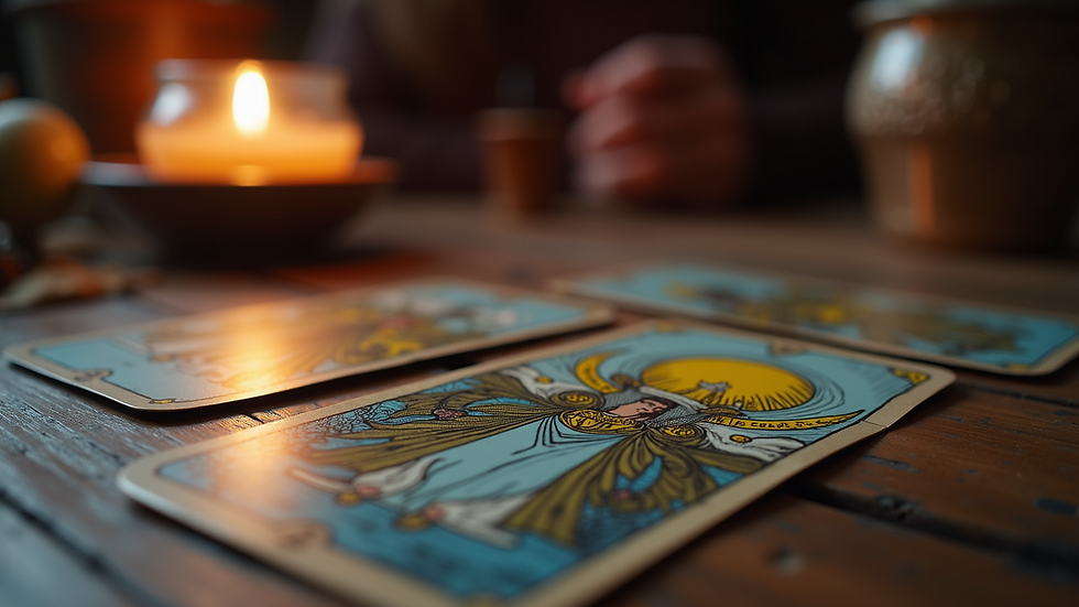 Close-up view of tarot cards laid out on a table during a psychic reading