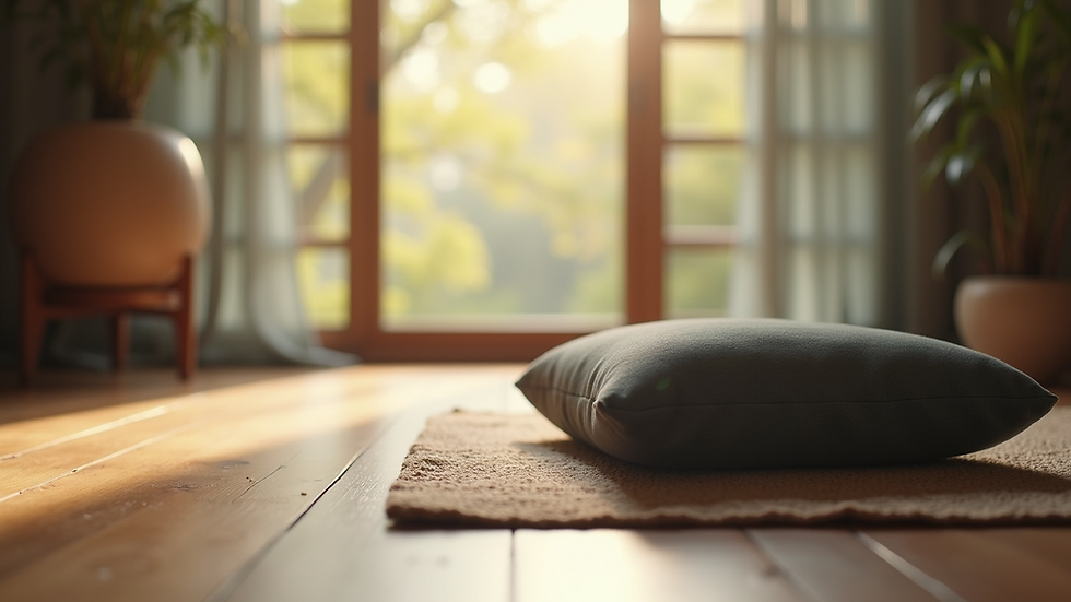 Eye-level view of a meditation cushion on a wooden floor
