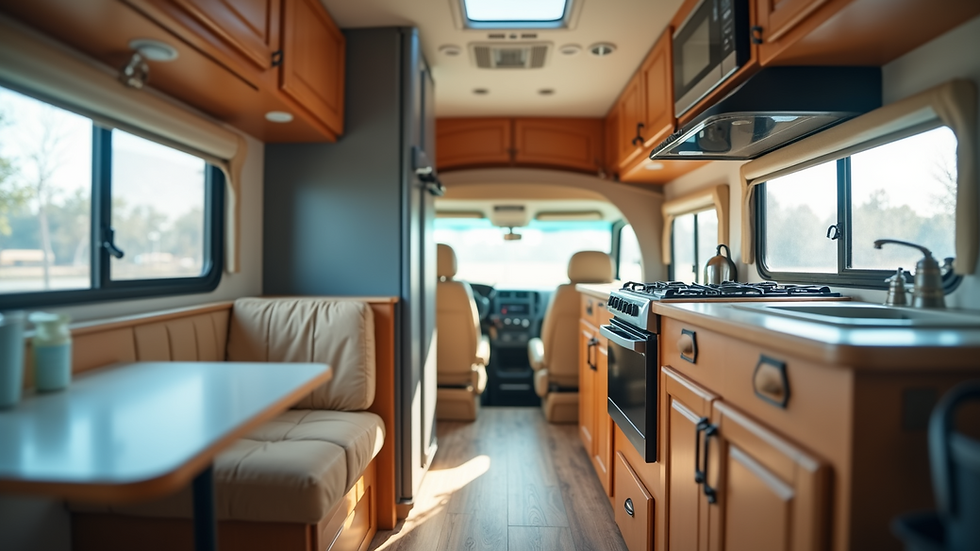 Eye-level view of RV kitchen area with clean appliances and organized cabinets
