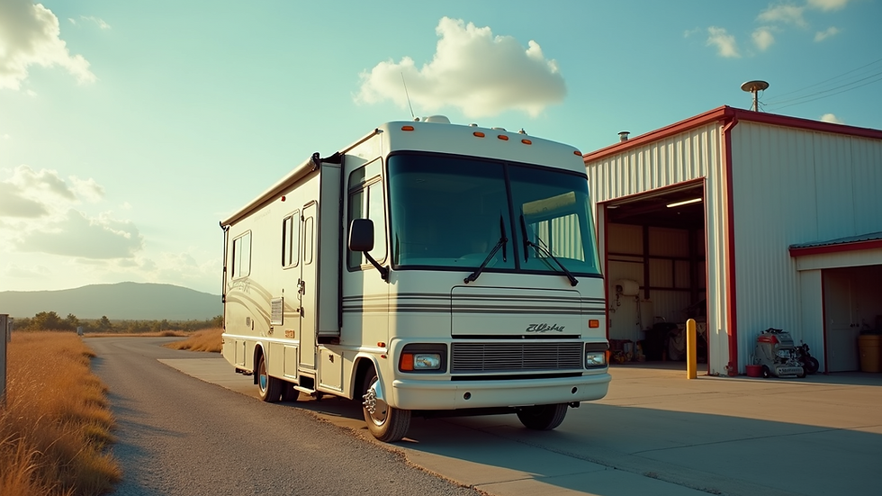 Eye-level view of RV parked outside a repair shop