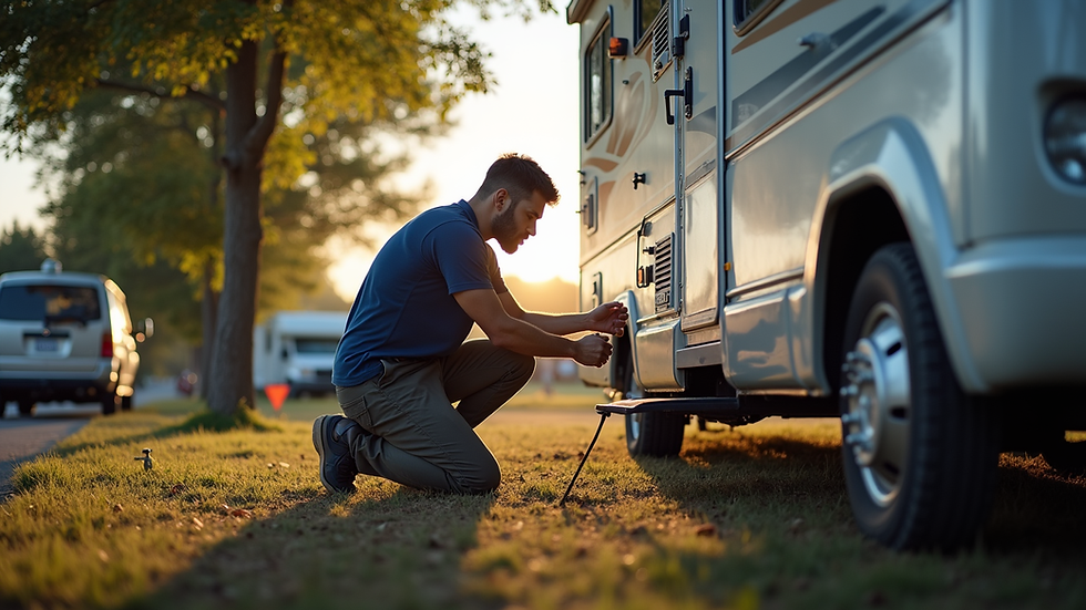 Eye-level view of a mobile RV repair technician working on an RV parked at a campsite