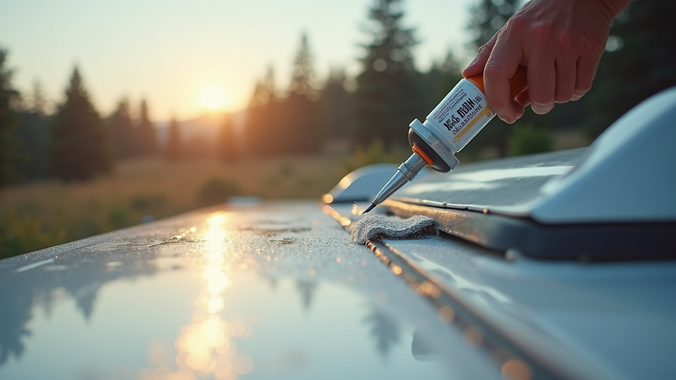 Close-up view of RV roof with sealant being applied
