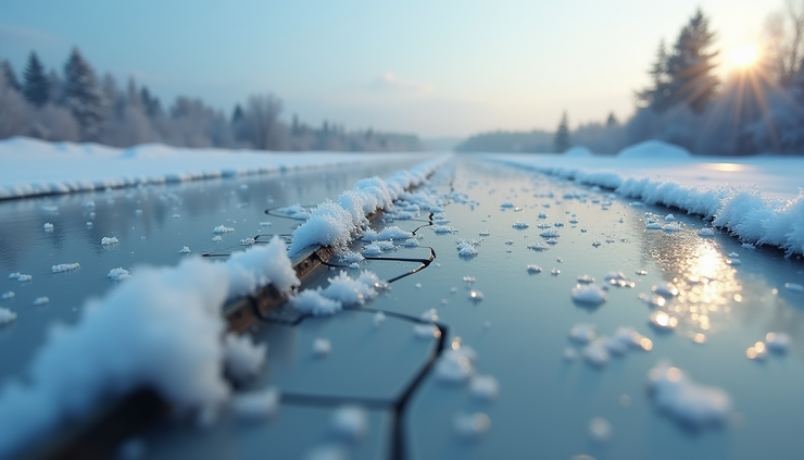 Eye-level view of RV roof with cracked seals and ice buildup