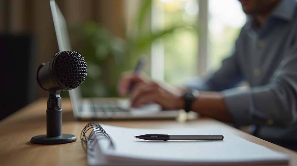 Close-up of a microphone and notebook on a table for storytelling session