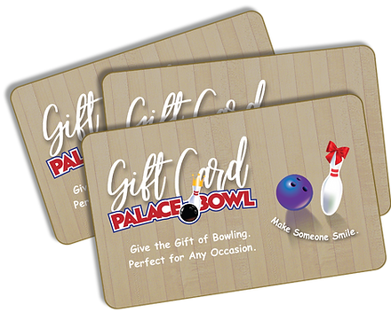 Tres tarjetas de regalo de bolos con logotipo, bola y pin.