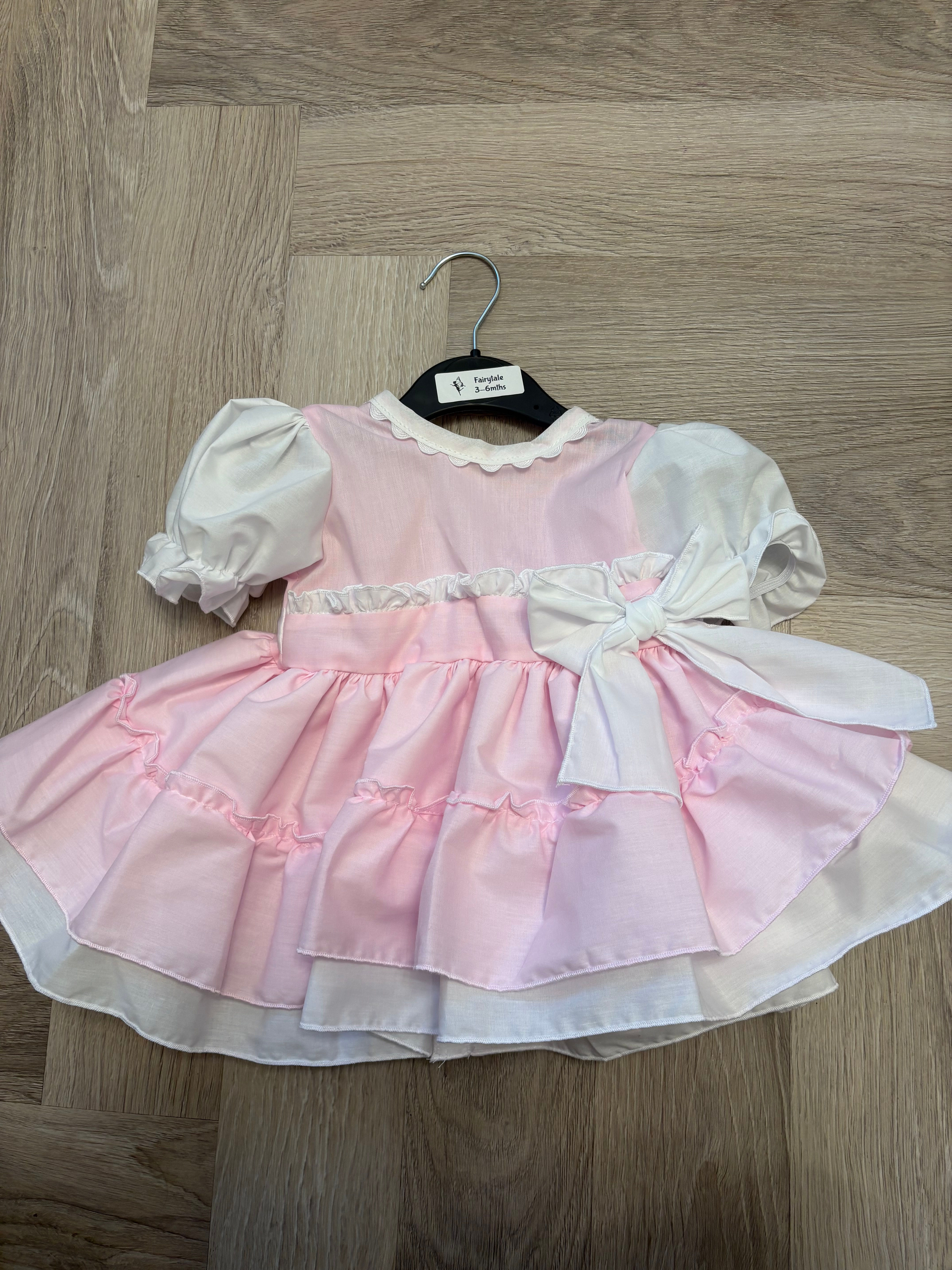 Pink and White Summer Baby Girls Dress with Puff Sleeves and Ruffled Skirt for T