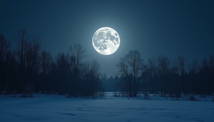 Eye-level view of a bright full moon glowing over a winter landscape with bare trees