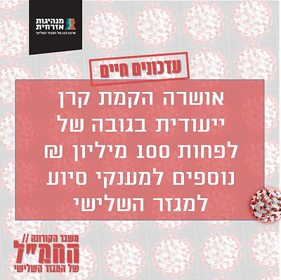 אושרה הקמת קרן ייעודית בגובה של לפחות 100 מיליון ₪ נוספים למענקי סיוע למגזר השלישי – שלראשונה גם עוגנה בחוק!