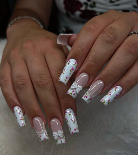 French Tip Floral with Charms