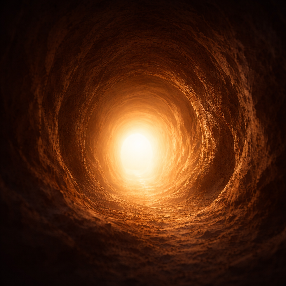 Abstract tunnel with warm light at the end, symbolizing transition, pressure, and emergence.