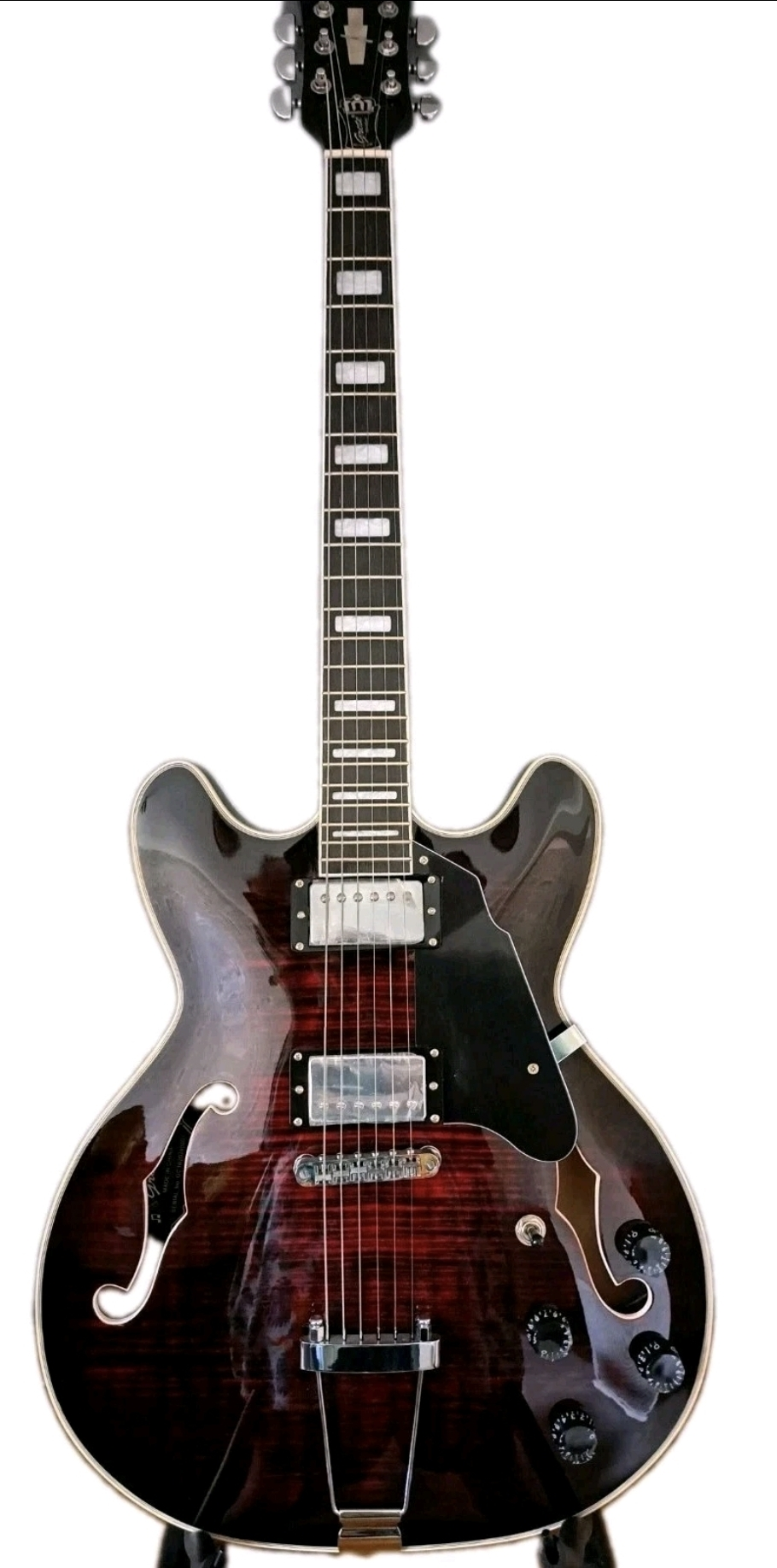 Semi-Hollow RED Flamed Maple 355 Style Blues/Jazz Guitar by Grote incl. Bag
