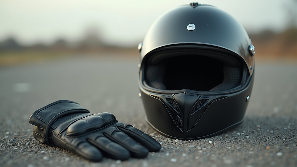 Close-up view of a motorcycle helmet and gloves on a training ground