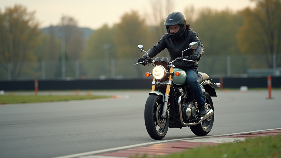 Close-up view of a learner motorcyclist practicing control exercises in a training area