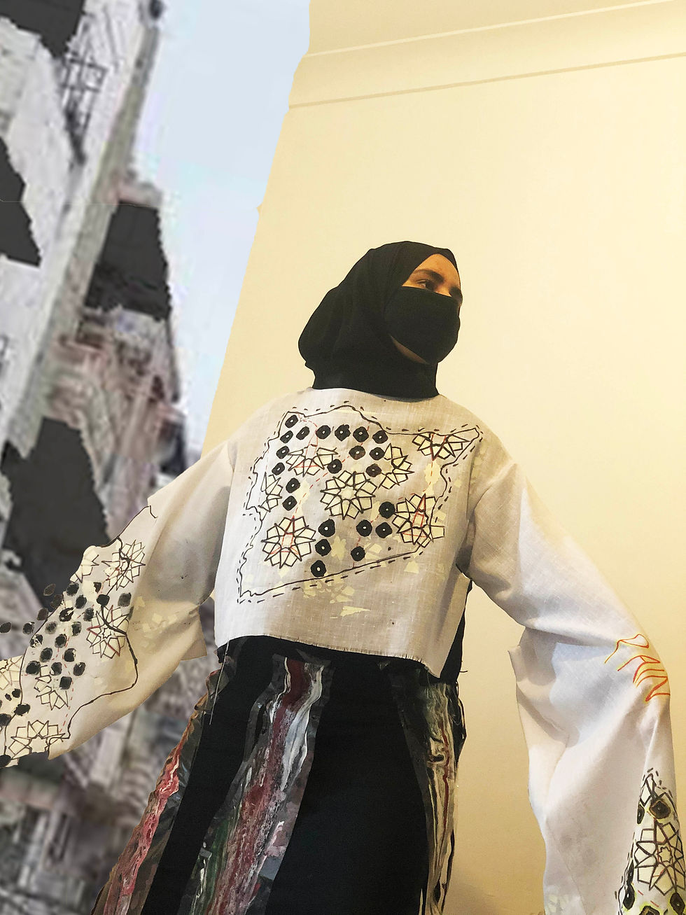 'Maps of Dystopia', 2020, screen print, linen top, jersey skirt and acrylic pour paint on plastic.