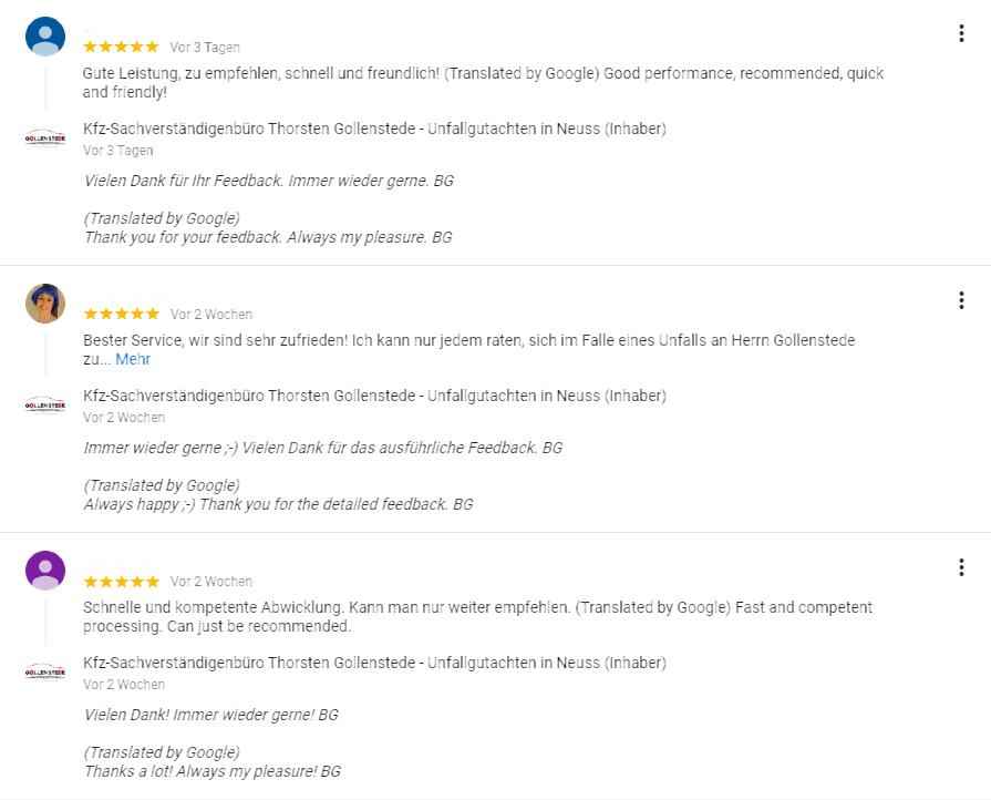 Wir als Kfz Gutachter für Neuss haben sehr gutes Feedback von unseren Kunden!