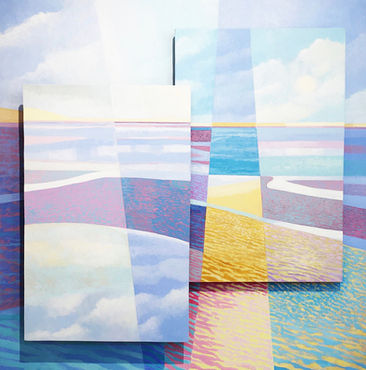 Acrylic painting of low tide with clouds reflected in water on relief board