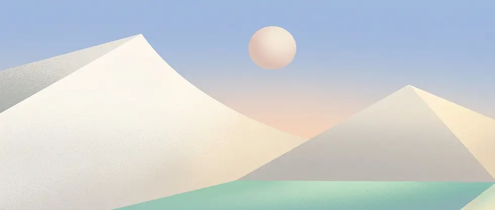 Digital illustration of an abstract landscape with soft, rolling hills under a pastel sky and a gentle sun. The scene evokes a serene and dreamy mood.