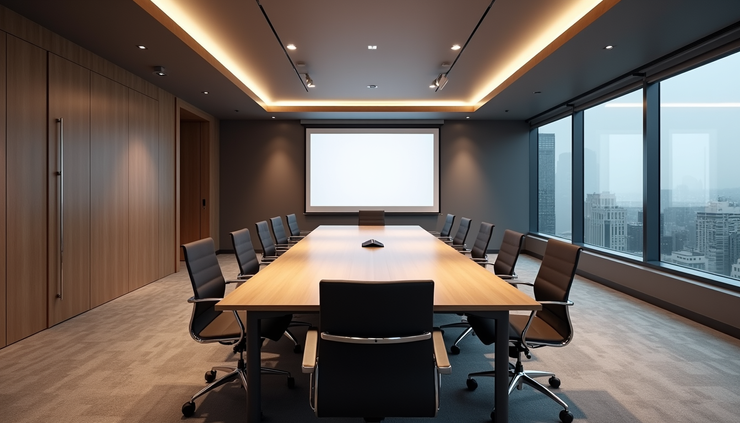 High angle view of a modern conference room with integrated AV equipment