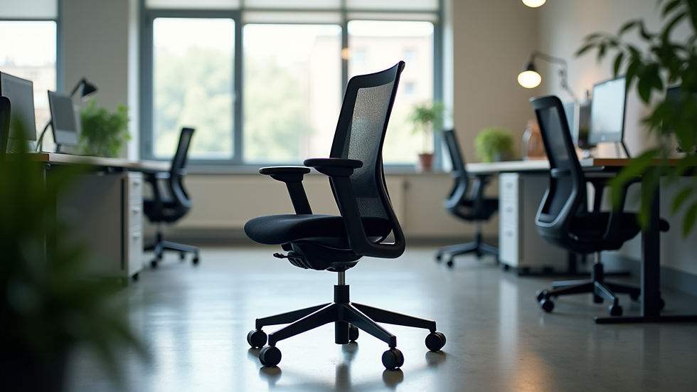 Eye-level view of ergonomic office chair in a modern workspace