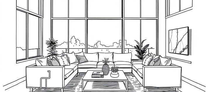 Black and white architectural ink sketch of a bright modern residential living room prepar